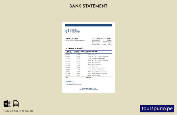 listo para imprimir plantilla de Excel de extracto bancario del KDB de Uzbekistá